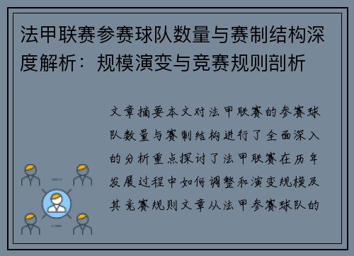 法甲联赛参赛球队数量与赛制结构深度解析：规模演变与竞赛规则剖析